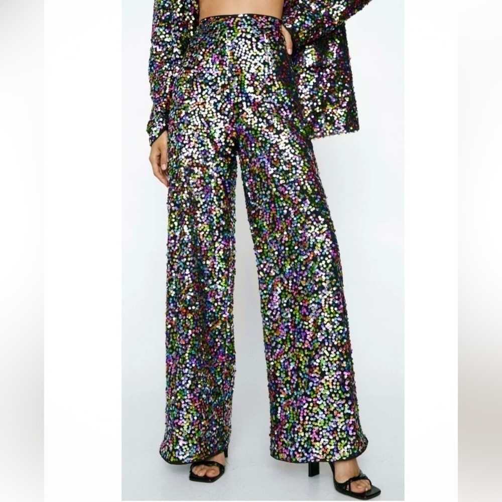 NWOT Nasty Gal Rainbow Sequin High Waist Wide Leg Flare Pants NYE Party Club